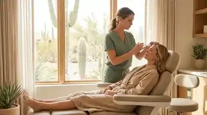 Nurse injector administering Botox to a calm patient in a bright Scottsdale medical spa treatment room